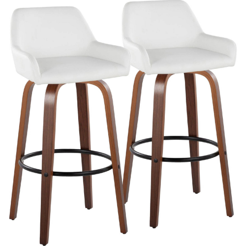 Daniella 30" Swivel Bar Stool in Walnut Wood & White Leatherette with Black Footrest (Set of 2)